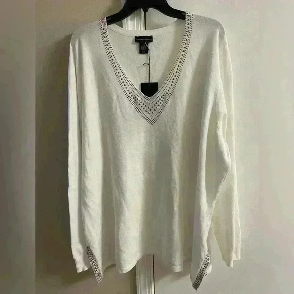 Adrienne‎ Vittadini sweater v neck pullover white studded long line 3X NWT - Picture 1 of 7